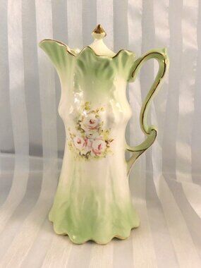 Small Green and White Chocolate Pot with Matching Lid Signed Stelma #  26699